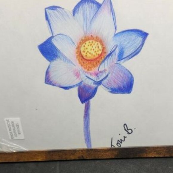 Hand Crafted Original Blue Floral Art   Framed Colored Pencil Drawing 9x11 Inch - Picture 1 of 16